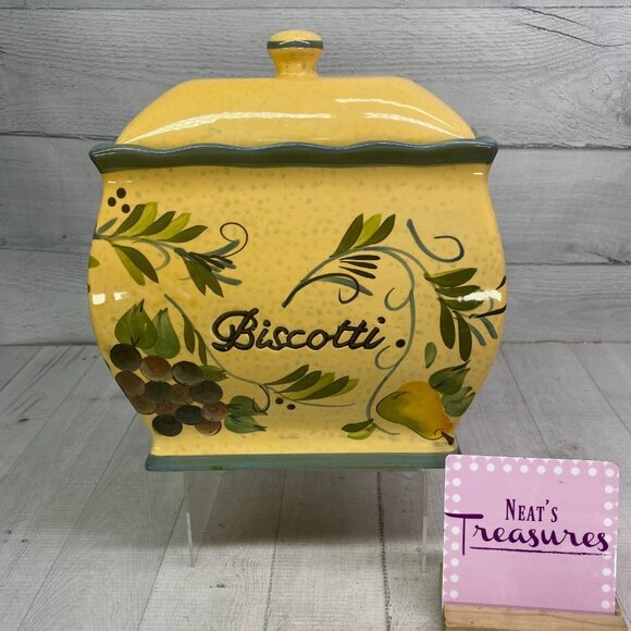 NONNI'S Yellow Green Tuscan Style Handmade Rectangle Ceramic Biscotti Cookie Jar - Picture 1 of 16